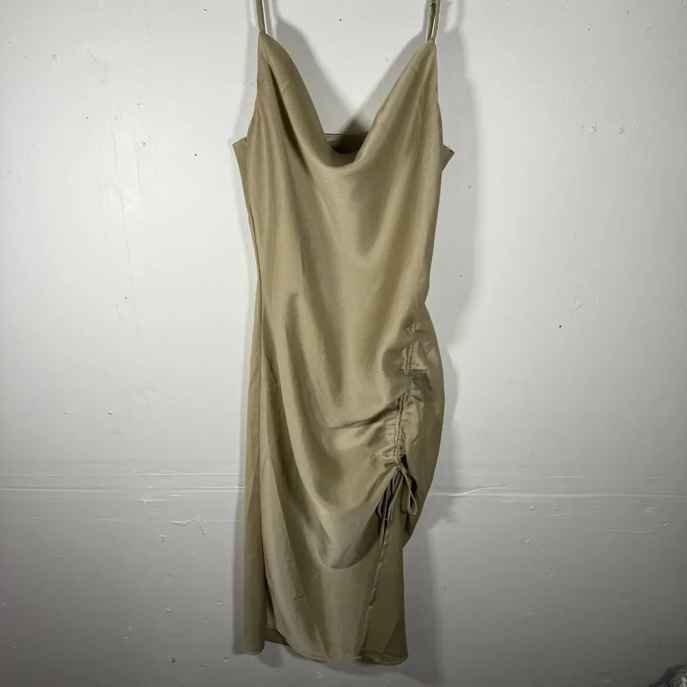 WOMENS SIZE 4 DRESS COWL NECK CHAMPAGNE TAN SHIMMER RUCHED STRAPPY Y2K 90S POLLY